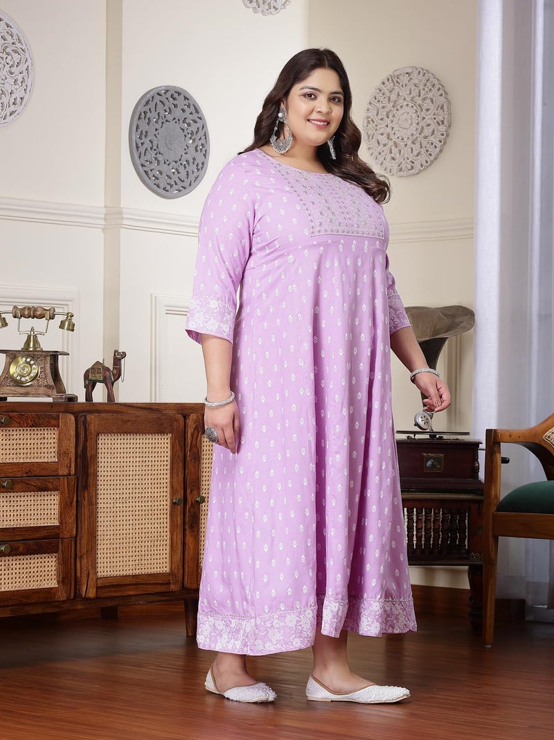 Stylum Women's Plus Size Printed & Embroidered Rayon Anarkali Kurta Lavender - Image 3