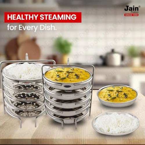 JAIN Stainless Steel 2in1 Thatte Idly Stand | Dhokla Holder & Idiappam Stand - 4 Plates Thatte Idli Plate with Stand & Momos Steamer Stand (2 Thatte Idly Plates, 2 Idiappam Plates, 1 Stand) (Stand Height - 10 cm: Stand Width - 15cm), Silver - Image 5