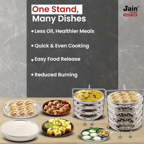 JAIN Stainless Steel 2in1 Thatte Idly Stand | Dhokla Holder & Idiappam Stand - 4 Plates Thatte Idli Plate with Stand & Momos Steamer Stand (2 Thatte Idly Plates, 2 Idiappam Plates, 1 Stand) (Stand Height - 10 cm: Stand Width - 15cm), Silver - Image 3