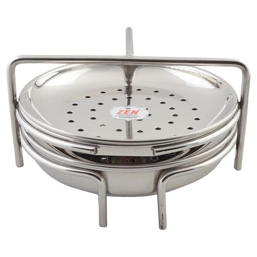 JAIN Stainless Steel 2in1 Thatte Idly Stand | Dhokla Holder & Idiappam Stand - 4 Plates Thatte Idli Plate with Stand & Momos Steamer Stand (2 Thatte Idly Plates, 2 Idiappam Plates, 1 Stand) (Stand Height - 10 cm: Stand Width - 15cm), Silver - Image 1