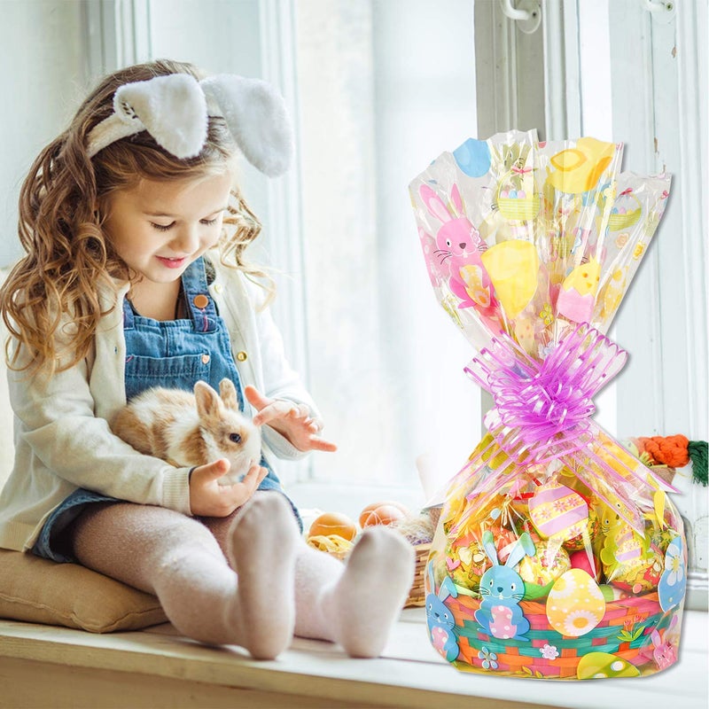 Kolewo4ever 10 Pack Easter Jumbo 32 x 22 Inches Easter Bunny Wrap Bags Cellophane Gift Wrap with 10 Pieces Pull Bows - Image 5