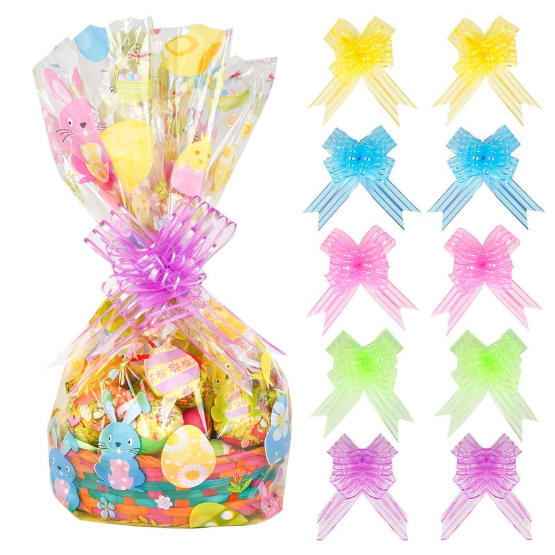 Kolewo4ever 10 Pack Easter Jumbo 32 x 22 Inches Easter Bunny Wrap Bags Cellophane Gift Wrap with 10 Pieces Pull Bows - Image 1