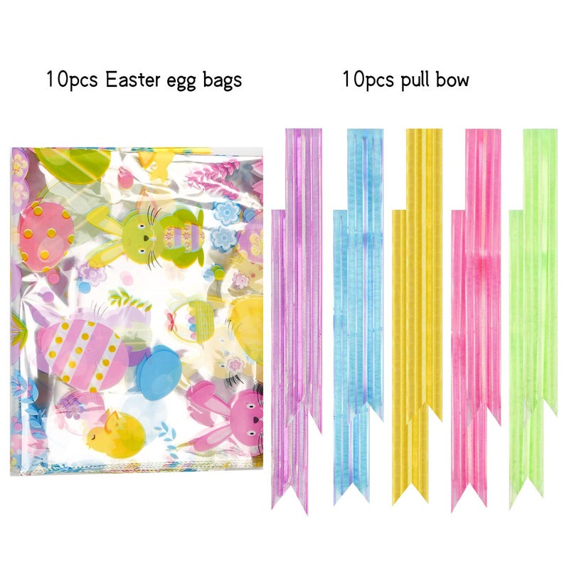 Kolewo4ever 10 Pack Easter Jumbo 32 x 22 Inches Easter Bunny Wrap Bags Cellophane Gift Wrap with 10 Pieces Pull Bows - Image 2