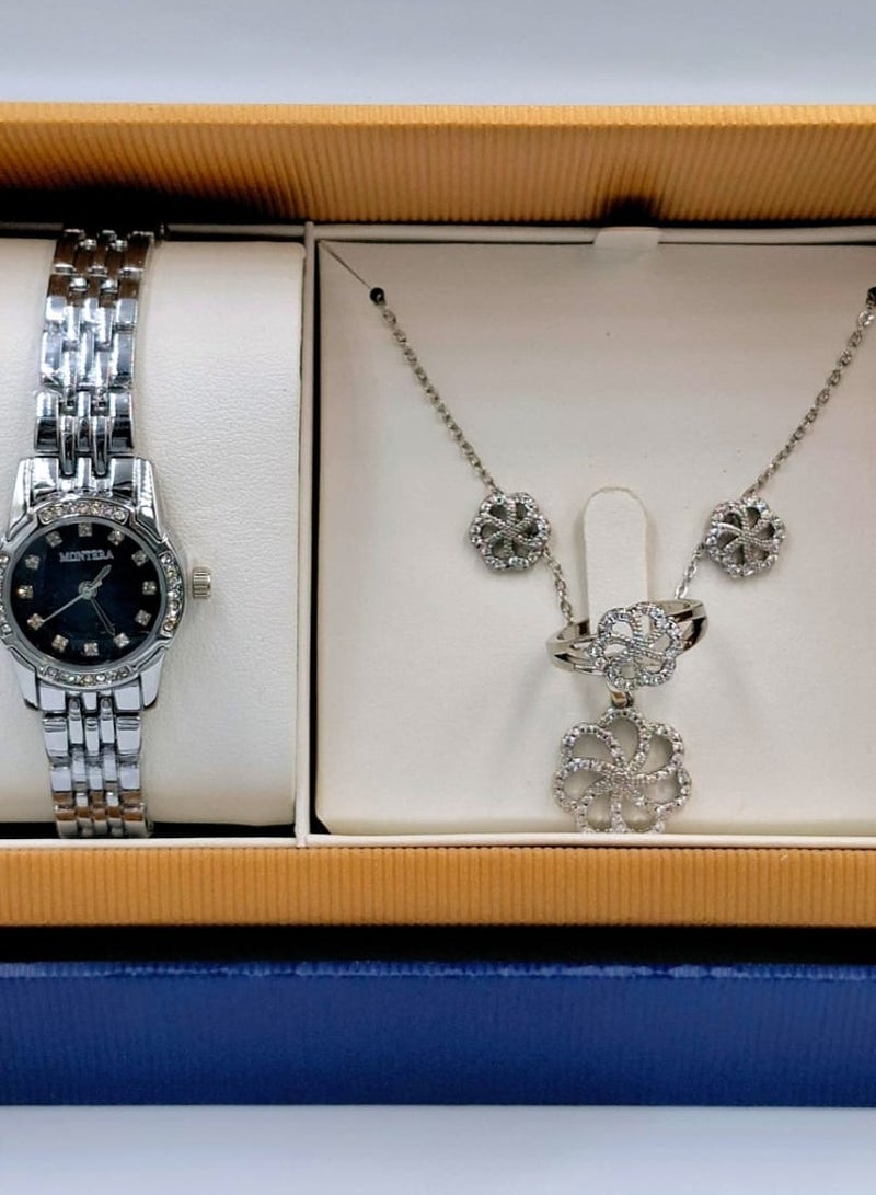 مونتيرا طقم ساعة يد بعقارب وطقم مكون من السلسال والحلق والخاتم للنساء