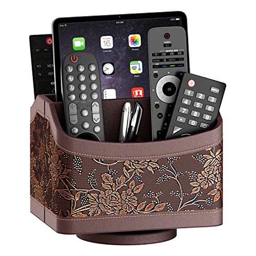 Thipoten Remote Control Holder for Table, Leather Turntable/Organizer/Caddy for Holding TV Controllers, Phone, and Office Supplies, Perfect Space Saver for End Table/Nightstand/Office Desk(Retro) - Image 1