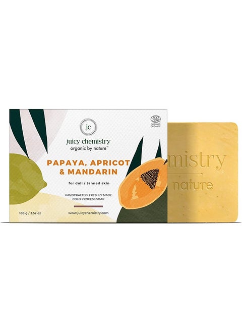صابون الاستحمام العضوي من Juicy Chemistry - 100 جرام، صابون استحمام طبيعي لإزالة السمرة، غني بالبابايا والمشمش واليوسفي، صابون تنظيف لبشرة متوهجة