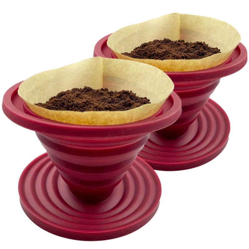Attsky 2 Pieces Attsky Collapsible Pour Over Coffee Dripper for Camp Coffee, Reusable Silicone Coffee Filter Holder for Camping Red - Image 1