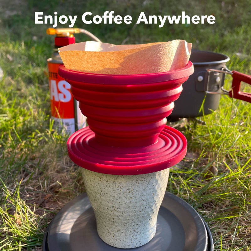 Attsky 2 Pieces Attsky Collapsible Pour Over Coffee Dripper for Camp Coffee, Reusable Silicone Coffee Filter Holder for Camping Red - Image 3
