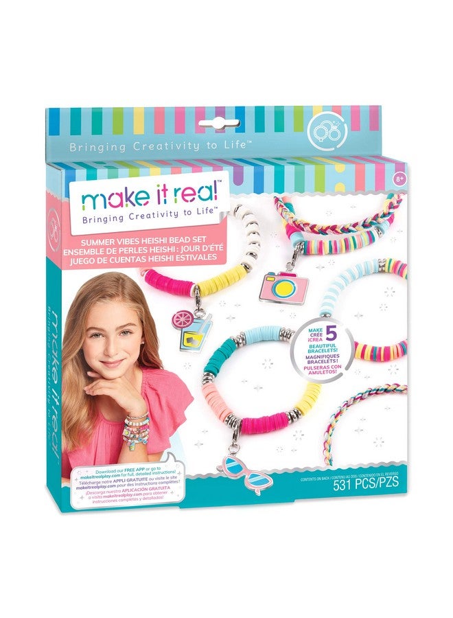 Make It Real Summer Vibes Heishi Bead Bracelets Diy Charm Bracelet Making Kit With Case Friendship Bracelet Kit With Beads Charms & Thread Arts & Crafts Bead Kit For Girls Makes 5 Bracelets - Image 2