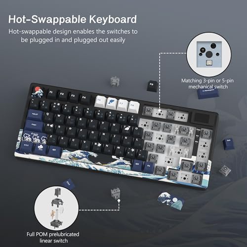 Womier لوحة مفاتيح وومير S-K80 75% مع شاشة وسائط متعددة ملونة، لوحة مفاتيح ميكانيكية للألعاب، سلكية قابلة للتبديل، RGB مخصصة، مثبتة بوسادة، مثبتة مسبقًا للماك/وين، سوداء كاناغاوا - Image 4