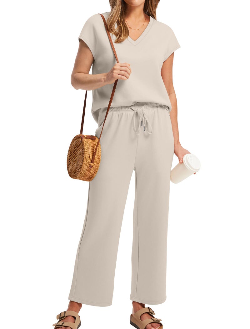 Saloogoe Womens Summer Outfits Plus Size Spring Clothes for Women Resort Wear Cruise Outfits 2025 Matching Sets Women Clothing Wide Leg Pants Cap Sleeve Tops Beige XXL - Image 2