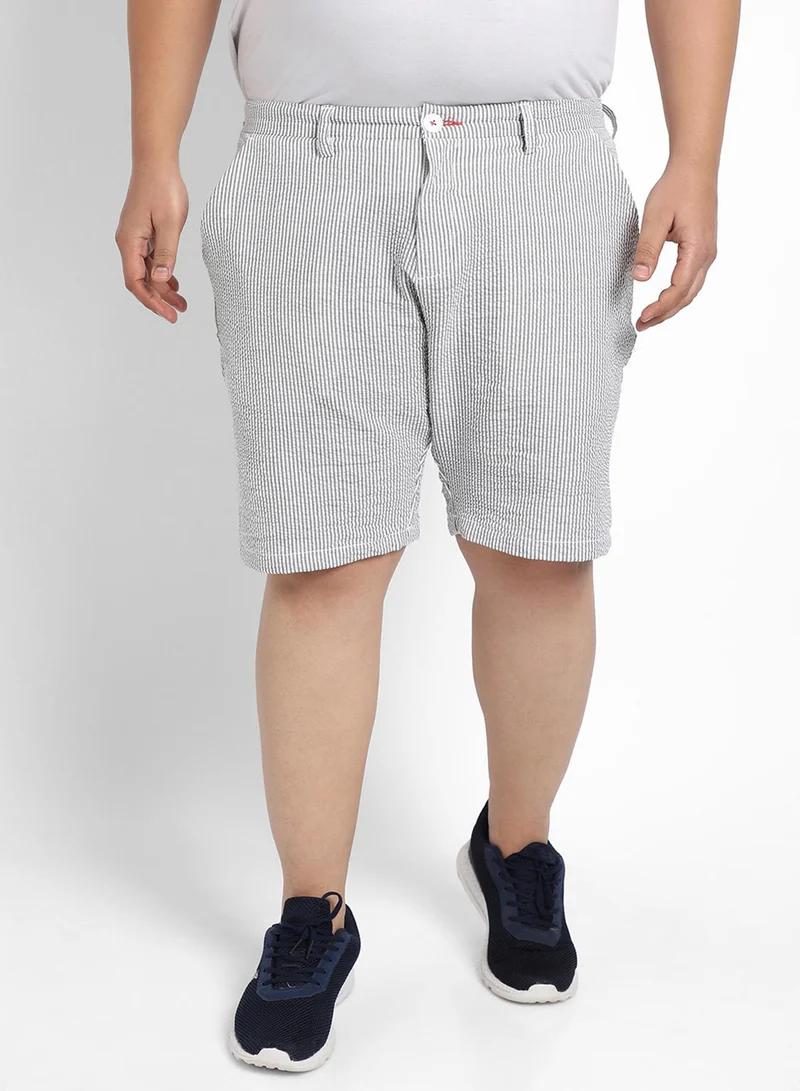 Instafab Plus Instafab Plus Men's Light Grey Seersucker Stripe Shorts For Casual Wear | Stripe Pattern | Angled Open Pockets | Button Closure | Cotton Poly Spandex Shorts Crafted With Comfort Fit For Everyday Wear