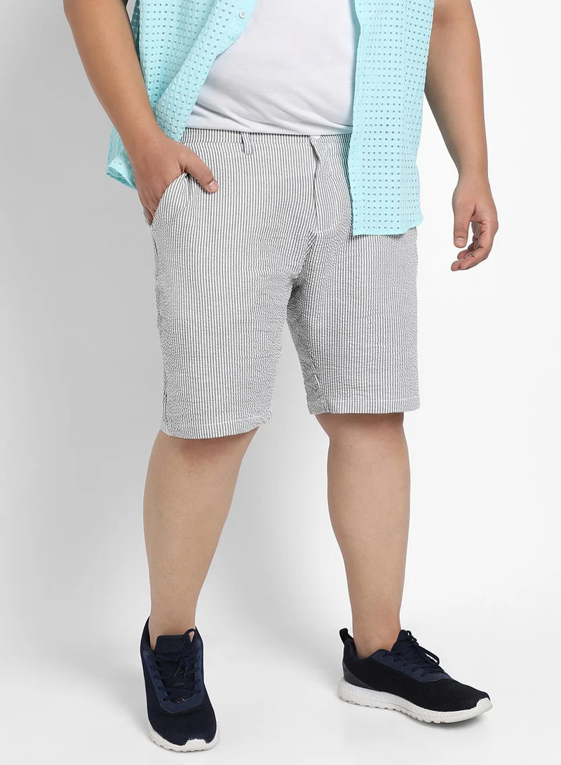 Instafab Plus Instafab Plus Men's Light Grey Seersucker Stripe Shorts For Casual Wear | Stripe Pattern | Angled Open Pockets | Button Closure | Cotton Poly Spandex Shorts Crafted With Comfort Fit For Everyday Wear