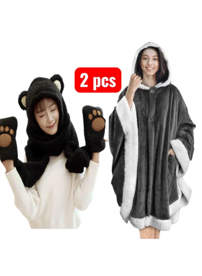 Plush Soft Warm Winter Blanket Shawl + Panda Scarves with Gloves