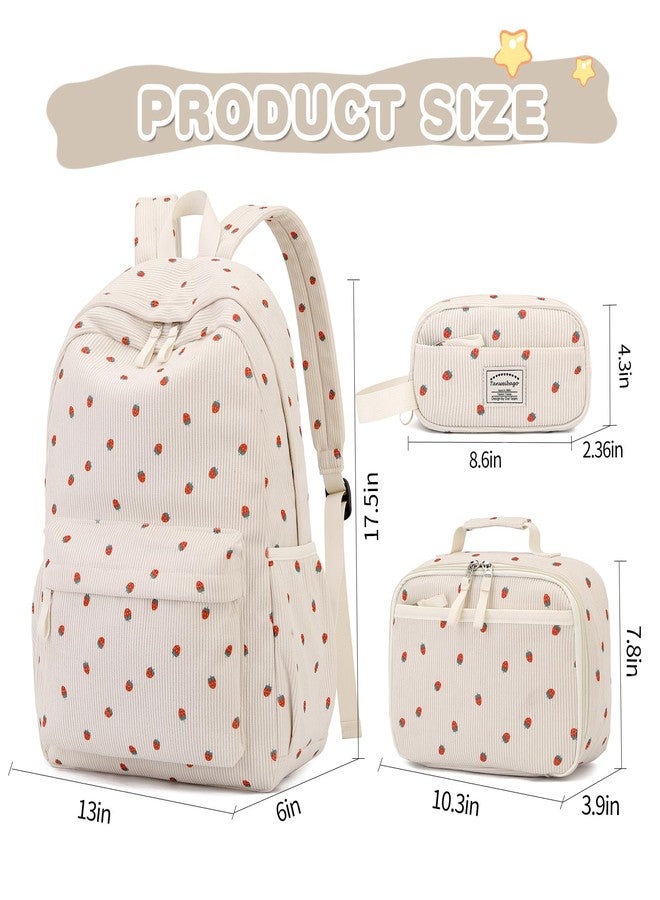 Tanweibago Backpack for Girls Boy Teen Corduroy Bookbags Elementary Middle High School with Lunch Box Pencil Bag, Strawberry Beige, One Size, Backpack - Image 2