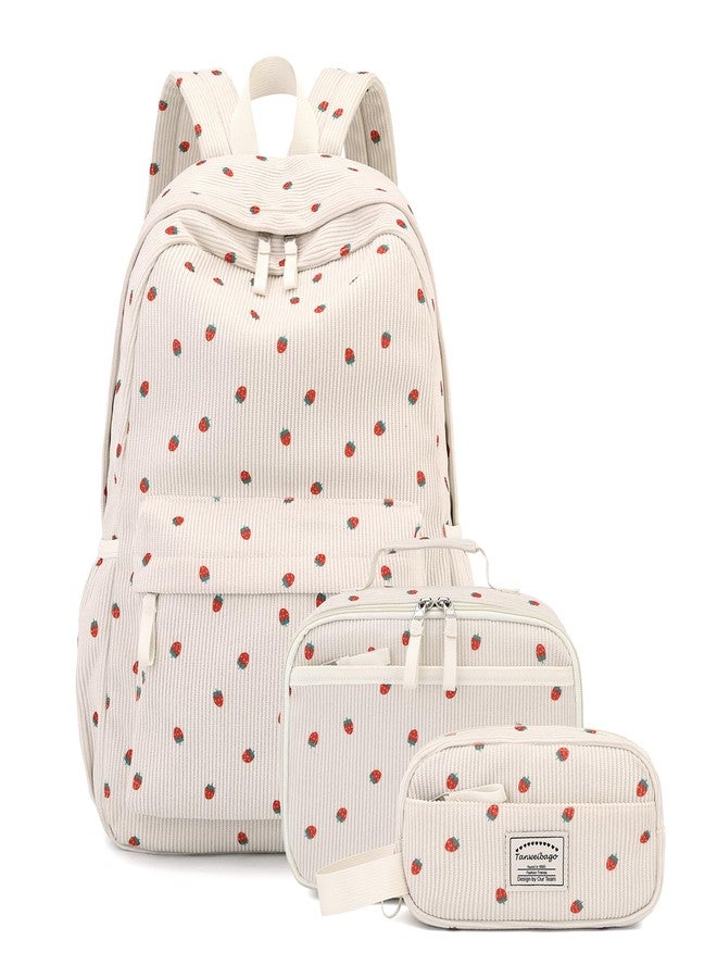 Tanweibago Backpack for Girls Boy Teen Corduroy Bookbags Elementary Middle High School with Lunch Box Pencil Bag, Strawberry Beige, One Size, Backpack - Image 1
