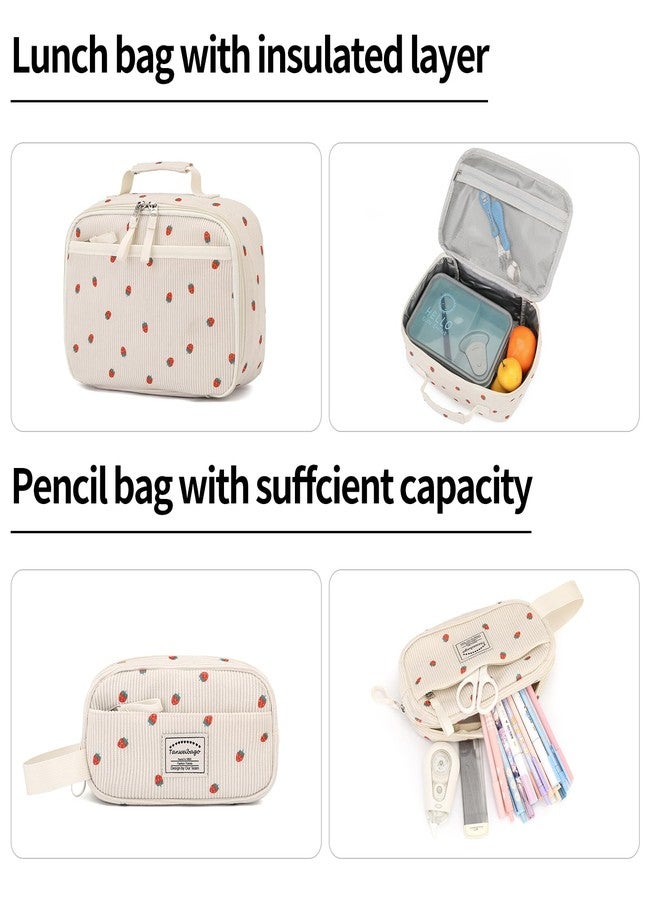 Tanweibago Backpack for Girls Boy Teen Corduroy Bookbags Elementary Middle High School with Lunch Box Pencil Bag, Strawberry Beige, One Size, Backpack - Image 5