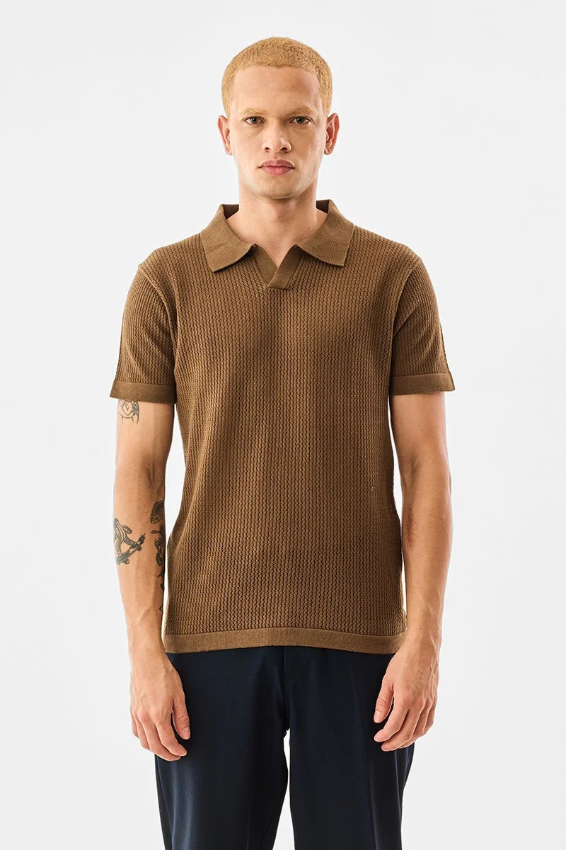 سنيتش Brown Textured Half Sleeve Regular Fit T-Shirt