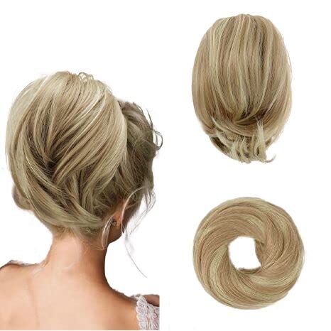 BARSDAR Straight Hair Bun Extensions Short Ponytail Blonde Hair Bun Extensions for Women Synthetic Messy Bun Hairpieces Elastic Easy Hair Bun Scrunchies  Sandy Blonde with Highlights