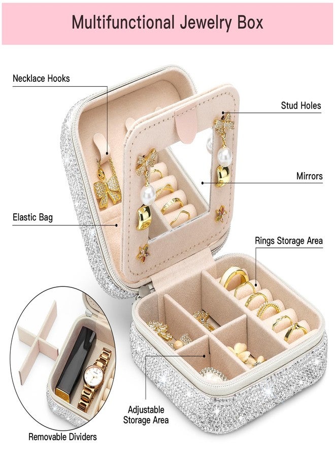 Soleebee Bling Crystal Travel Jewelry Case, V Initial Jewelry Box for Women Girls, Portable Small Jewelry Organizer Travel Essentials for Necklace Earrings Rings - Letter V, Silver - Image 3