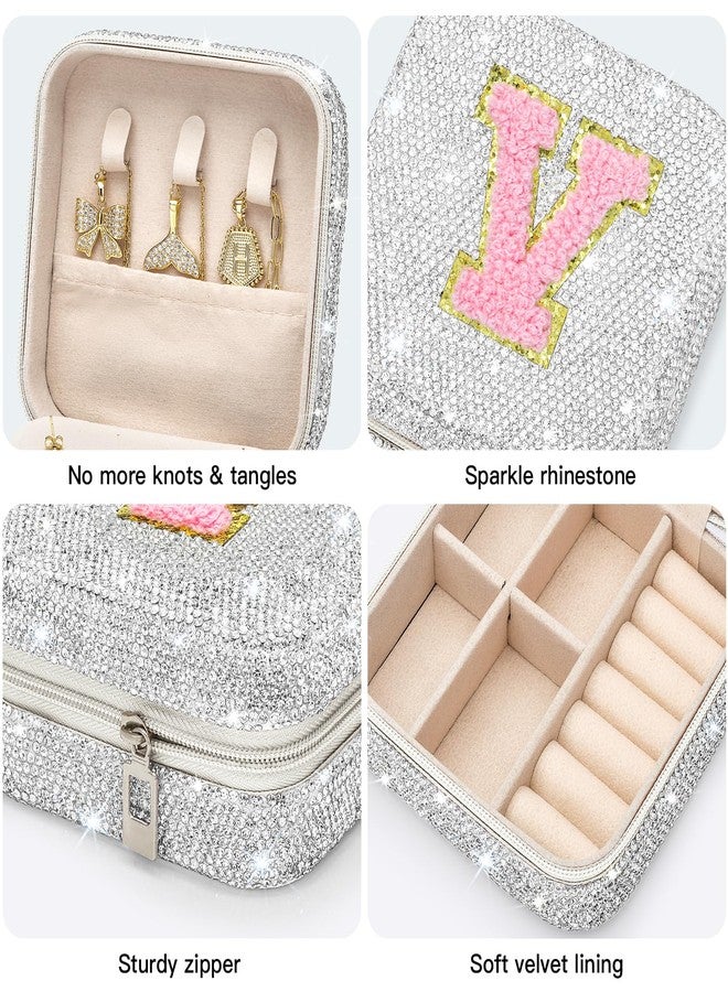 Soleebee Bling Crystal Travel Jewelry Case, V Initial Jewelry Box for Women Girls, Portable Small Jewelry Organizer Travel Essentials for Necklace Earrings Rings - Letter V, Silver - Image 4