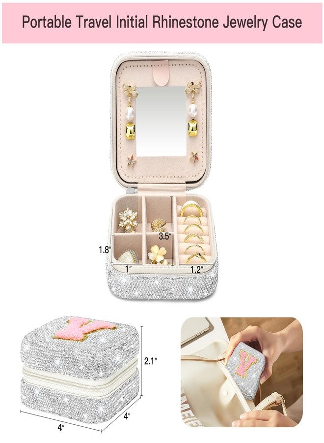 Soleebee Bling Crystal Travel Jewelry Case, V Initial Jewelry Box for Women Girls, Portable Small Jewelry Organizer Travel Essentials for Necklace Earrings Rings - Letter V, Silver - Image 2