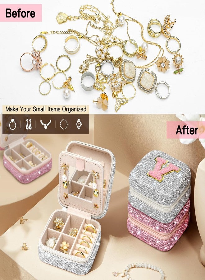 Soleebee Bling Crystal Travel Jewelry Case, V Initial Jewelry Box for Women Girls, Portable Small Jewelry Organizer Travel Essentials for Necklace Earrings Rings - Letter V, Silver - Image 5