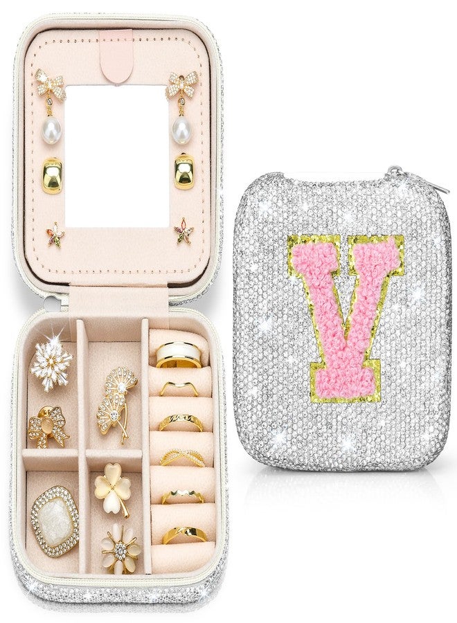 Soleebee Bling Crystal Travel Jewelry Case, V Initial Jewelry Box for Women Girls, Portable Small Jewelry Organizer Travel Essentials for Necklace Earrings Rings - Letter V, Silver - Image 1