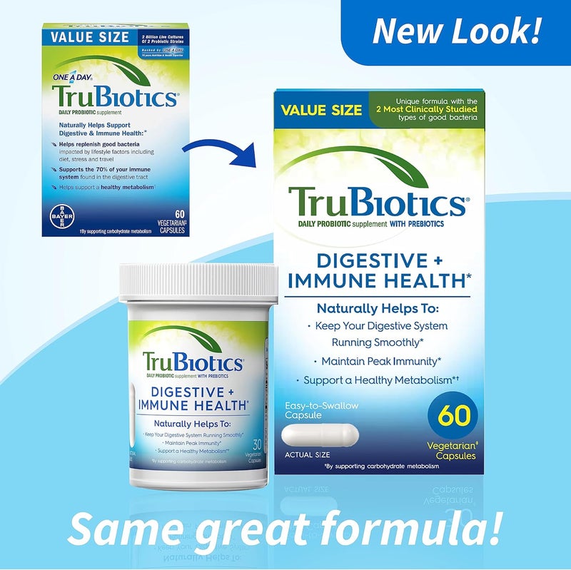 TruBiotics Probiotics for Digestive  Immune Health Supports Regularity  Helps Relieve Abdominal Discomfort Gas  Bloating 2 Clinically Studied Probiotic Strains Plus Prebiotics 60 Capsules - Image 2