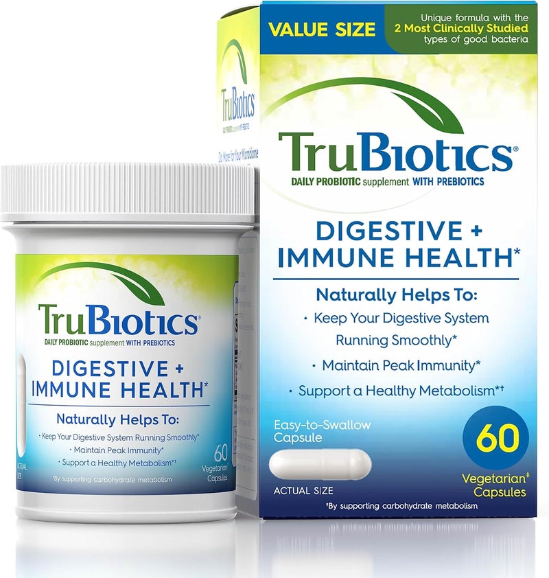 TruBiotics Probiotics for Digestive  Immune Health Supports Regularity  Helps Relieve Abdominal Discomfort Gas  Bloating 2 Clinically Studied Probiotic Strains Plus Prebiotics 60 Capsules - Image 1