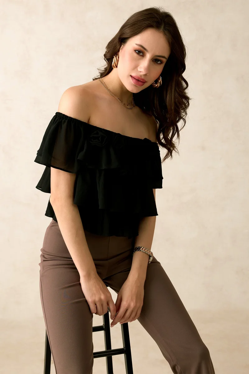 فيرجيو Georgette Off-Shoulder Vacation Crop Tops for Women