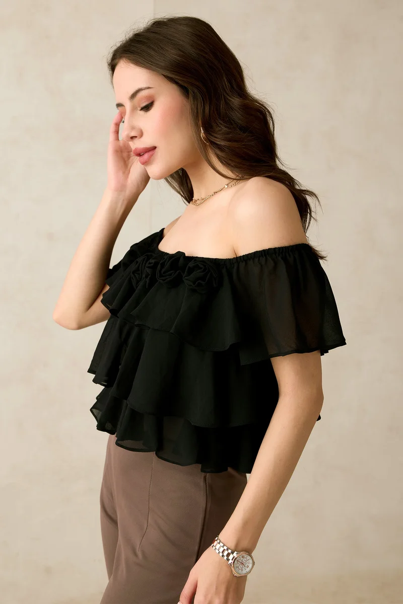 Virgio Georgette Off-Shoulder Vacation Crop Tops for Women