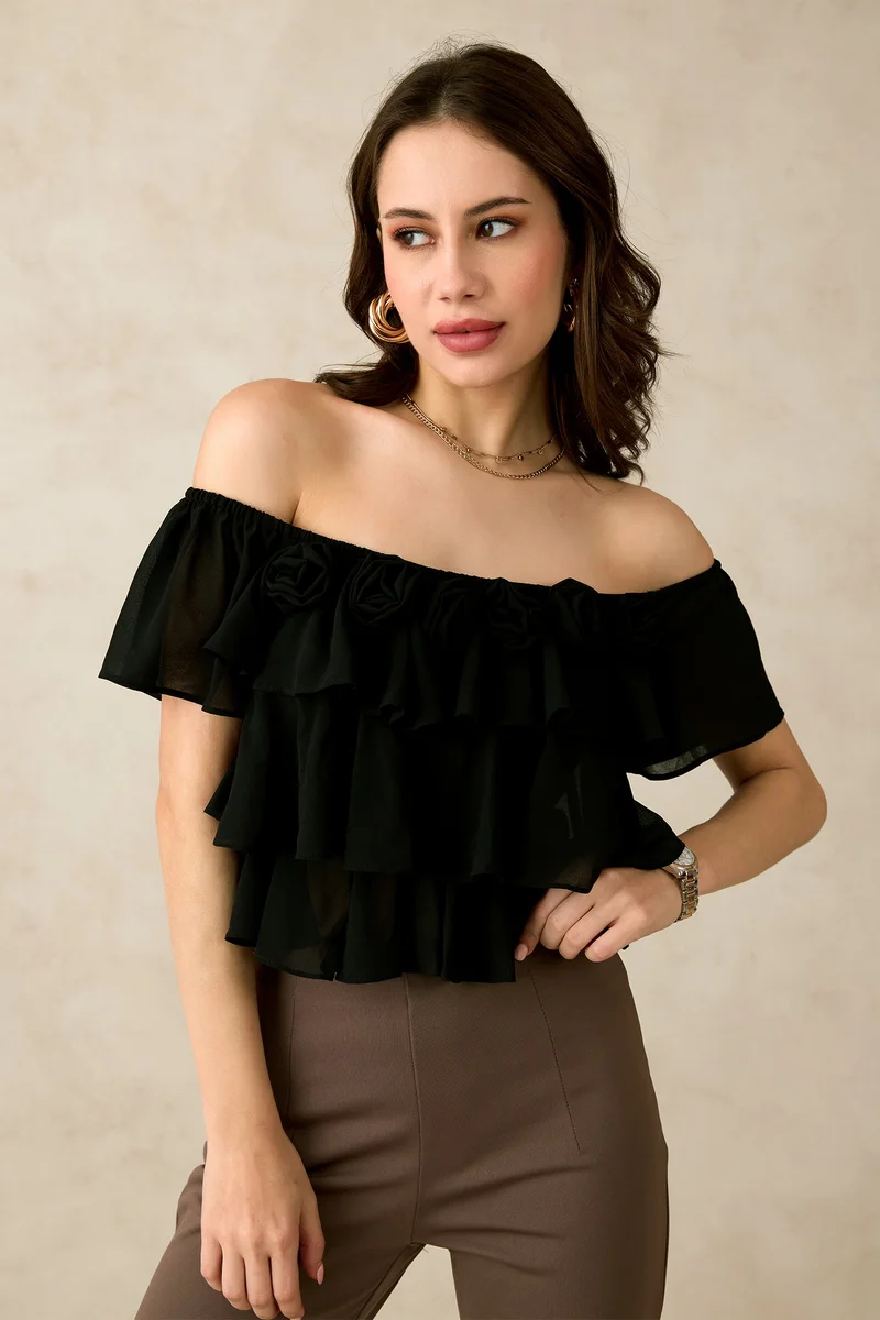 فيرجيو Georgette Off-Shoulder Vacation Crop Tops for Women