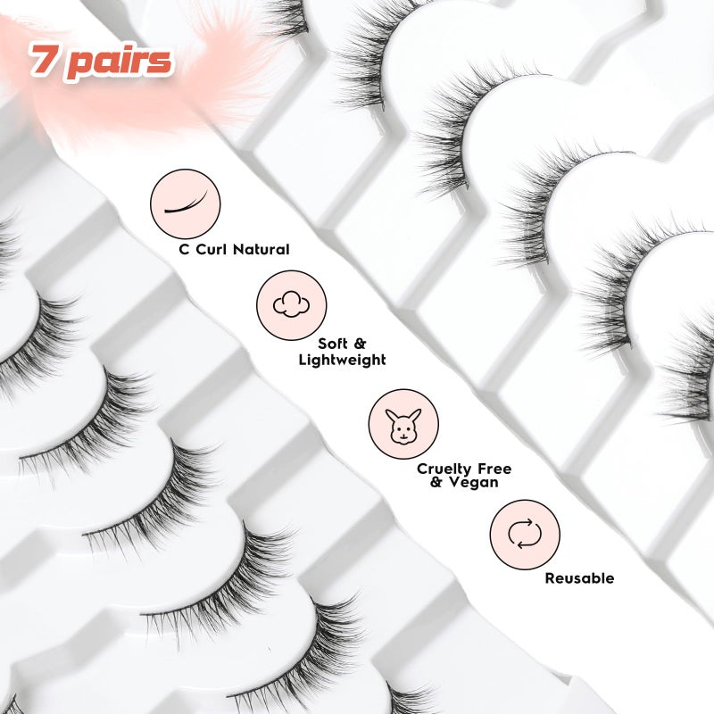 Siligli Natural Lashes Wispy Eyelashes Natural Look Short Lashes Pack 12mm Eyelashes C Curl False Lashes Thinner Band 3D Volume Fake Eyelashes 7 Pair Siligli - Image 5