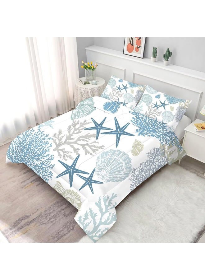 FUYEUN Coastal Comforter Set Full Size Beach Nautical Bedding for Kids Teens Men Women Shell Coral Starfish Ocean Quilt Bedroom Decor 1 Comforter 2 Pillowcases - Image 3