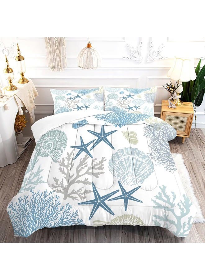 FUYEUN Coastal Comforter Set Full Size Beach Nautical Bedding for Kids Teens Men Women Shell Coral Starfish Ocean Quilt Bedroom Decor 1 Comforter 2 Pillowcases - Image 1