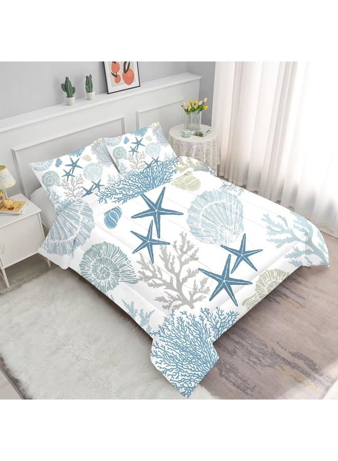 FUYEUN Coastal Comforter Set Full Size Beach Nautical Bedding for Kids Teens Men Women Shell Coral Starfish Ocean Quilt Bedroom Decor 1 Comforter 2 Pillowcases - Image 2