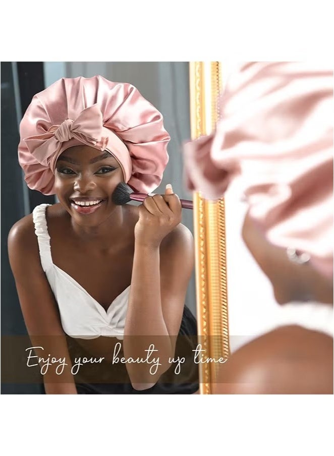 Double Layer Satin Bonnet Silk Bonnet, Curly Hair Hair Silk Hair Wrap for Sleeping Night Sleep Cap, Satin Silk Bonnet Lined Hair Bonne Tie Band Bonnets (Pale Pink) - Image 4
