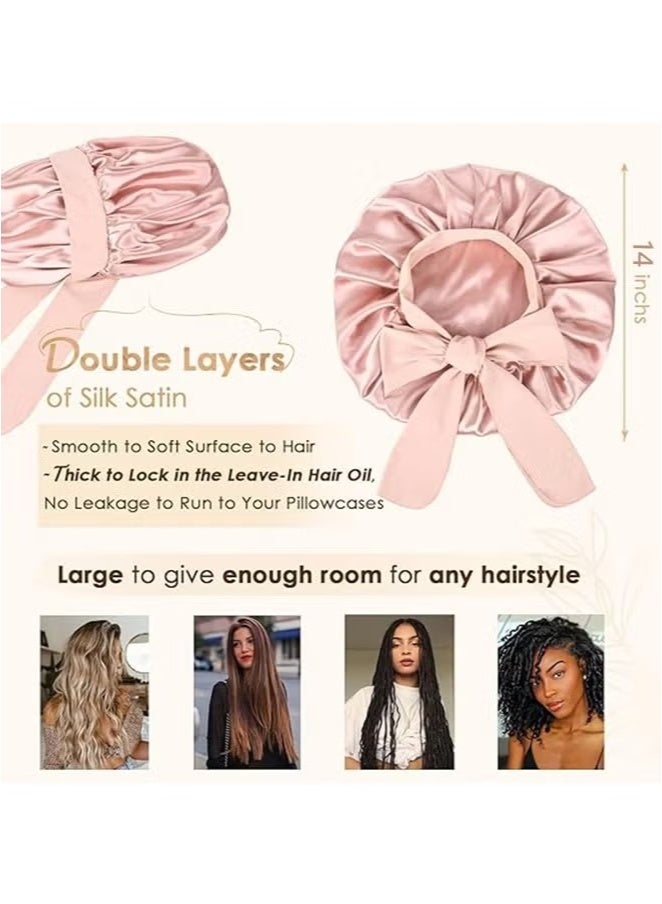 Double Layer Satin Bonnet Silk Bonnet, Curly Hair Hair Silk Hair Wrap for Sleeping Night Sleep Cap, Satin Silk Bonnet Lined Hair Bonne Tie Band Bonnets (Pale Pink) - Image 3