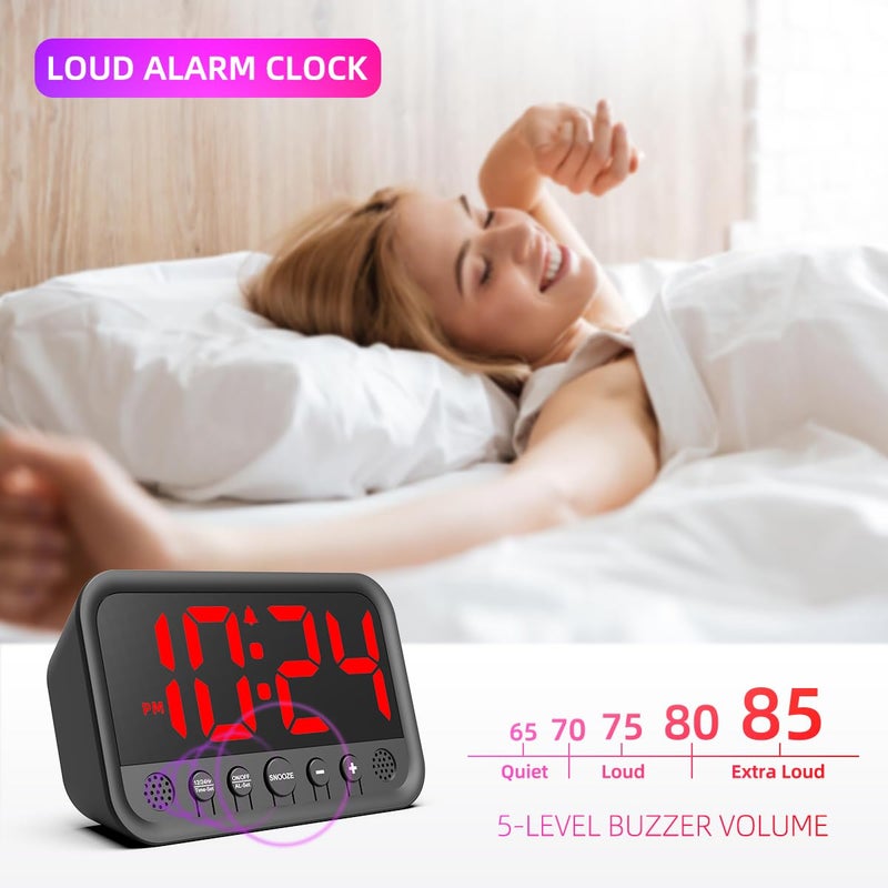 XUANZIT Small LED Digital Clock for Bedroom, Loud Alarm Clock for Heavy Sleepers Adults, Teens | Plug-In Electric Desk Clock | Simple Bedside Nightstand Clock with Adjustable Volume/Brightness/Snooze â€“ Red - Image 2