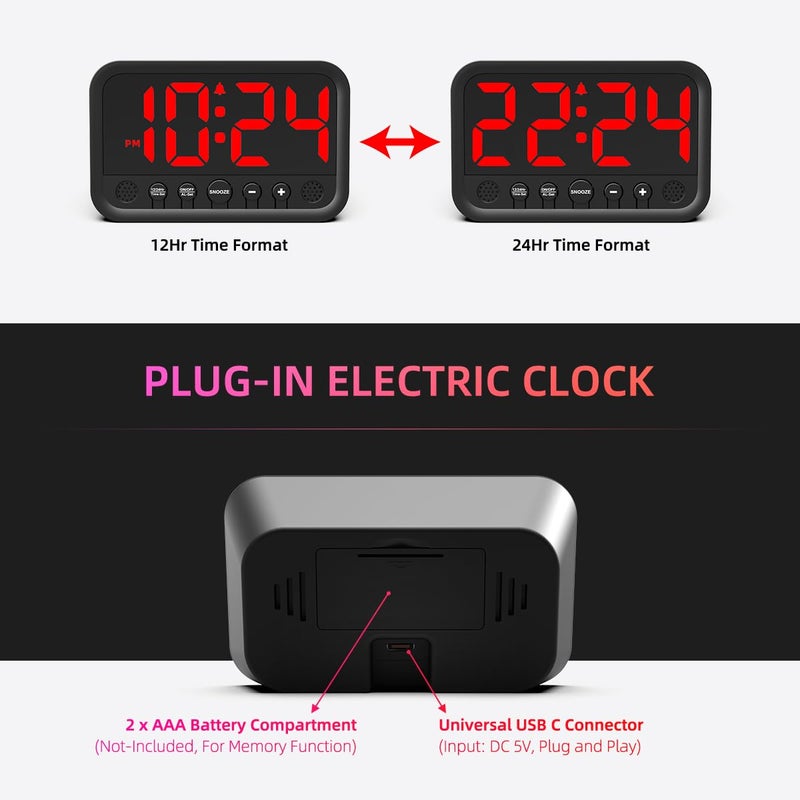 XUANZIT Small LED Digital Clock for Bedroom, Loud Alarm Clock for Heavy Sleepers Adults, Teens | Plug-In Electric Desk Clock | Simple Bedside Nightstand Clock with Adjustable Volume/Brightness/Snooze â€“ Red - Image 4