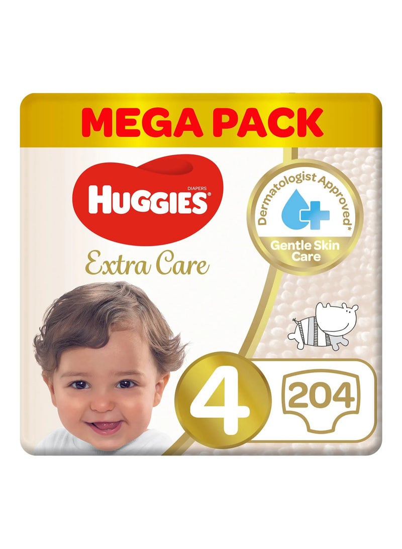 HUGGIES حفاضات هاجيز إكسترا كير بتصميم الشريط، 204 قطعة، عبوة ضخمة، الحجم 4، 8-14 كجم - حماية لمدة 12 ساعة، معتمدة من أطباء الجلد، قابلة للتنفس - Image 1