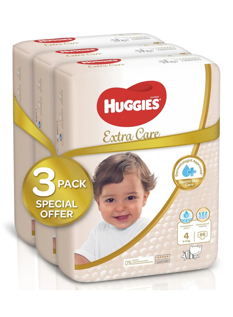 HUGGIES حفاضات هاجيز إكسترا كير بتصميم الشريط، 204 قطعة، عبوة ضخمة، الحجم 4، 8-14 كجم - حماية لمدة 12 ساعة، معتمدة من أطباء الجلد، قابلة للتنفس - Image 2