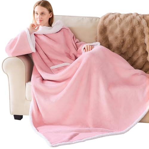 IFNOW Sherpa Wearable Blanket with Sleeves for Women Men Adults, Christmas Birthday Gifts for Women Mom Wife, Cozy Wearable Blanket with Arm and Pocket, Warm Full Body TV Wrap Throw Blanket, Pink - Image 1