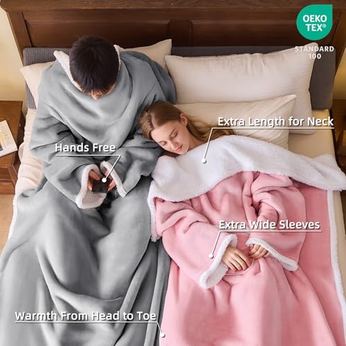 IFNOW Sherpa Wearable Blanket with Sleeves for Women Men Adults, Christmas Birthday Gifts for Women Mom Wife, Cozy Wearable Blanket with Arm and Pocket, Warm Full Body TV Wrap Throw Blanket, Pink - Image 2