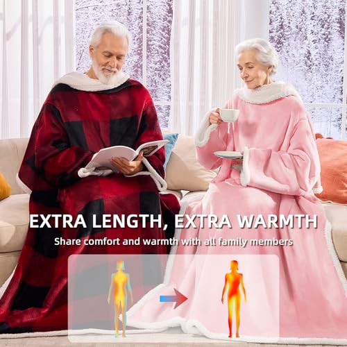 IFNOW Sherpa Wearable Blanket with Sleeves for Women Men Adults, Christmas Birthday Gifts for Women Mom Wife, Cozy Wearable Blanket with Arm and Pocket, Warm Full Body TV Wrap Throw Blanket, Pink - Image 4