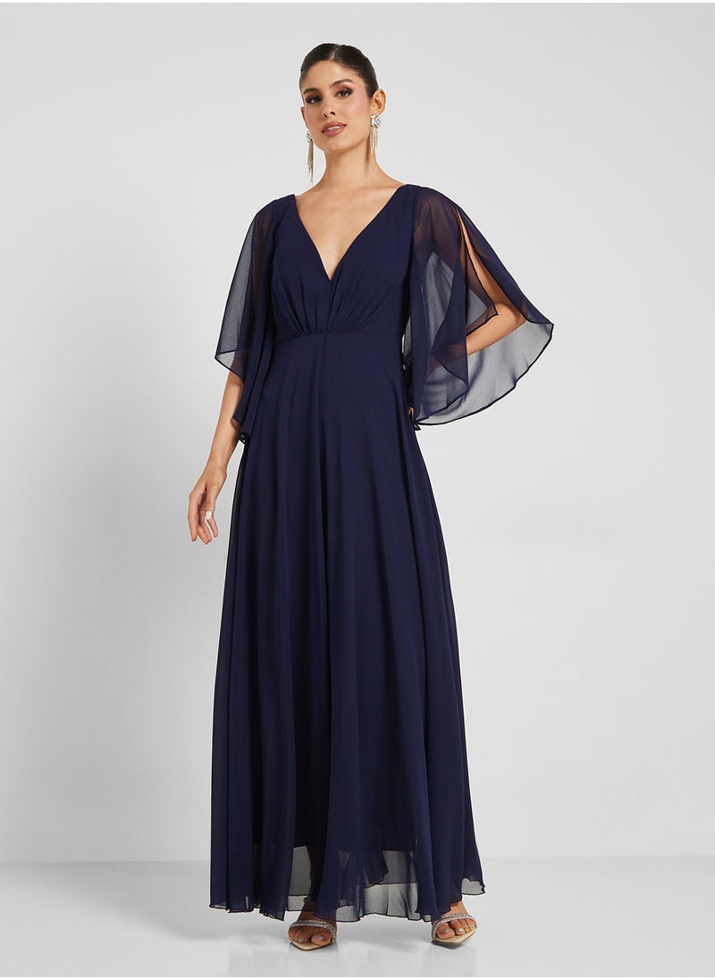 Little Mistress - Chiffon Open Split Sleeve V-Neck  Dress - Image 1