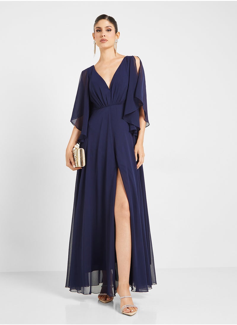 Little Mistress - Chiffon Open Split Sleeve V-Neck  Dress - Image 1