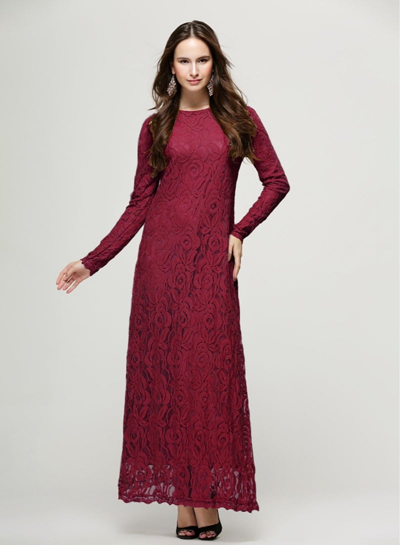 MileMelo Elastic Waist Splicing Crewneck Party Evening Dress Female Lace Size L Dresses Dress High Neck Long 