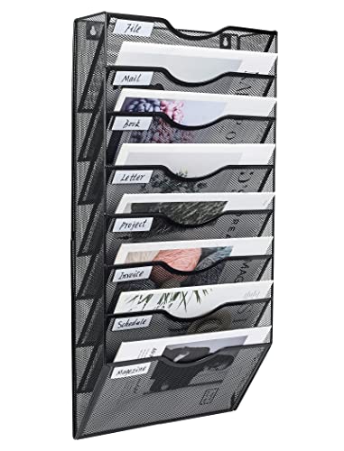 PAG Hanging Wall File Holder Organizer Mail Sorter Literature Rack for Office, 8 Pockets, Black - Image 1